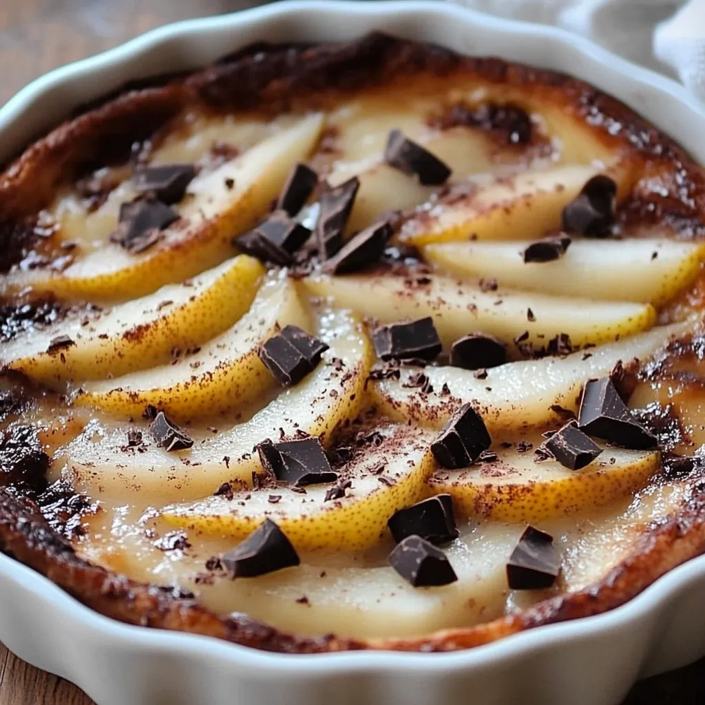 Clafoutis léger aux poires et chocolat doré, coupé en parts, avec une texture fondante et des morceaux de chocolat fondus.