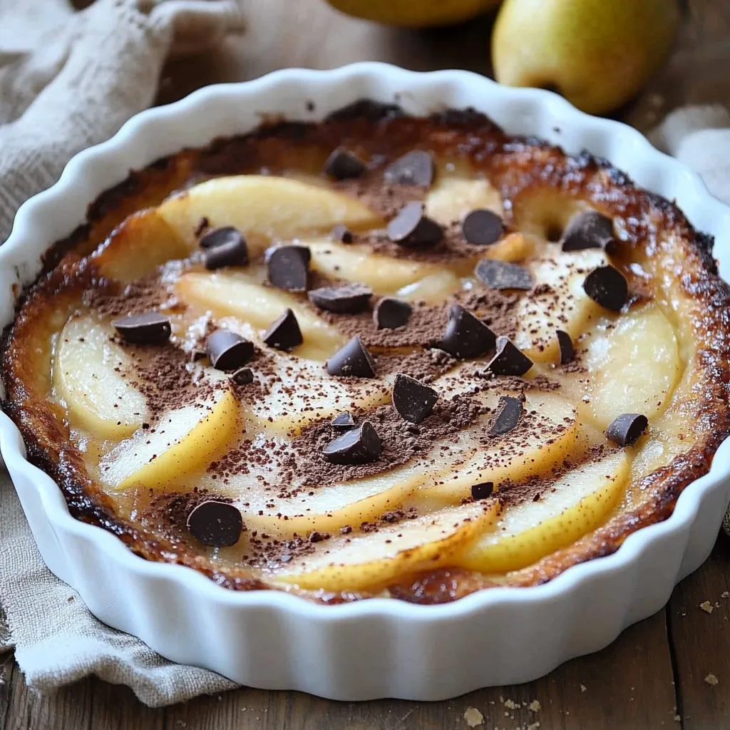 Clafoutis léger aux poires et chocolat doré, coupé en parts, avec une texture fondante et des morceaux de chocolat fondus.