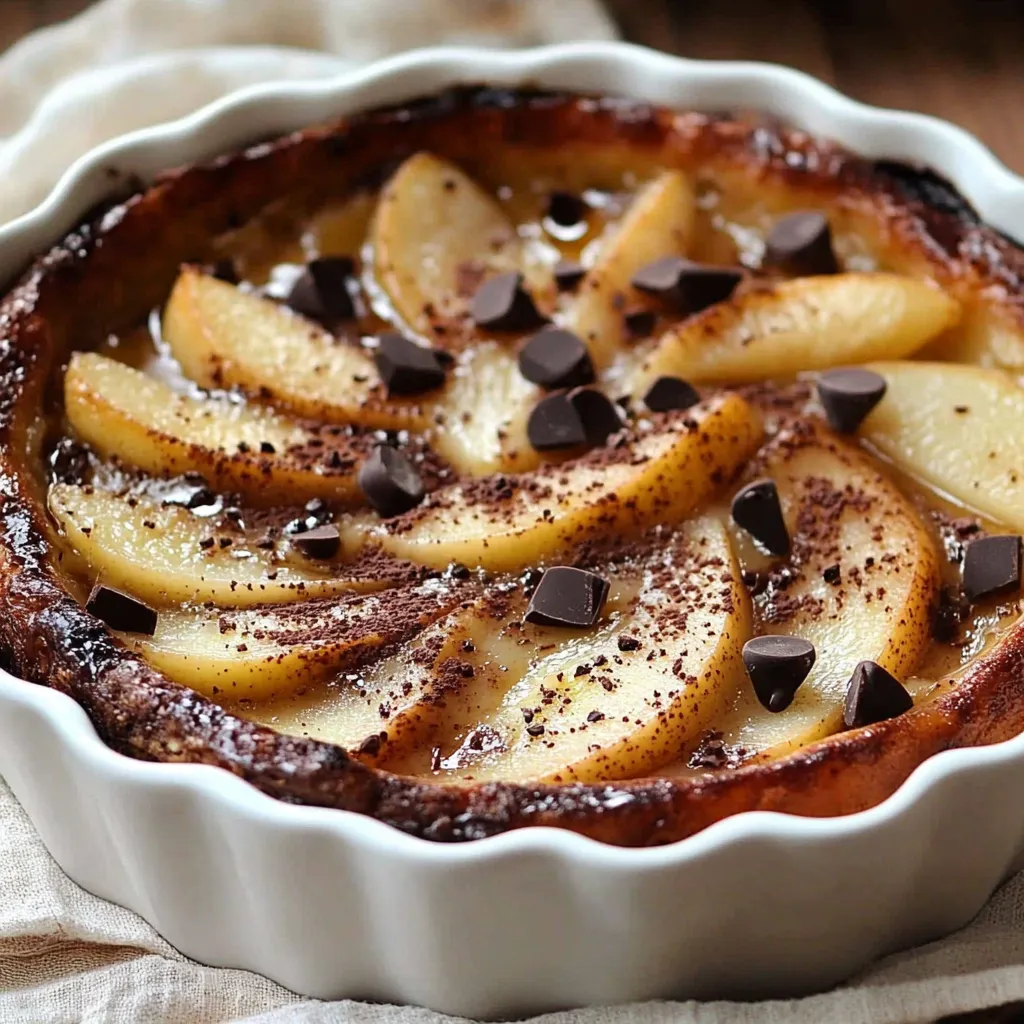 Clafoutis léger aux poires et chocolat doré, coupé en parts, avec une texture fondante et des morceaux de chocolat fondus.