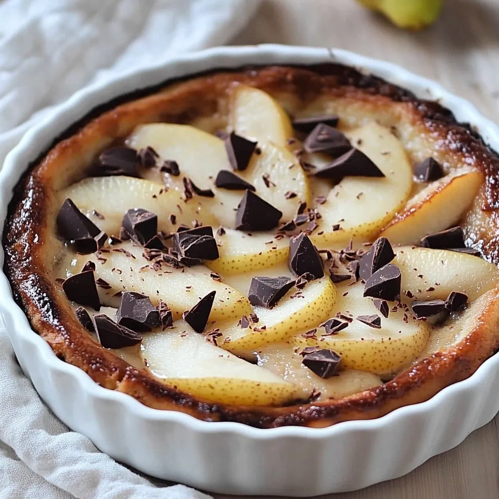 Clafoutis léger aux poires et chocolat doré, coupé en parts, avec une texture fondante et des morceaux de chocolat fondus.