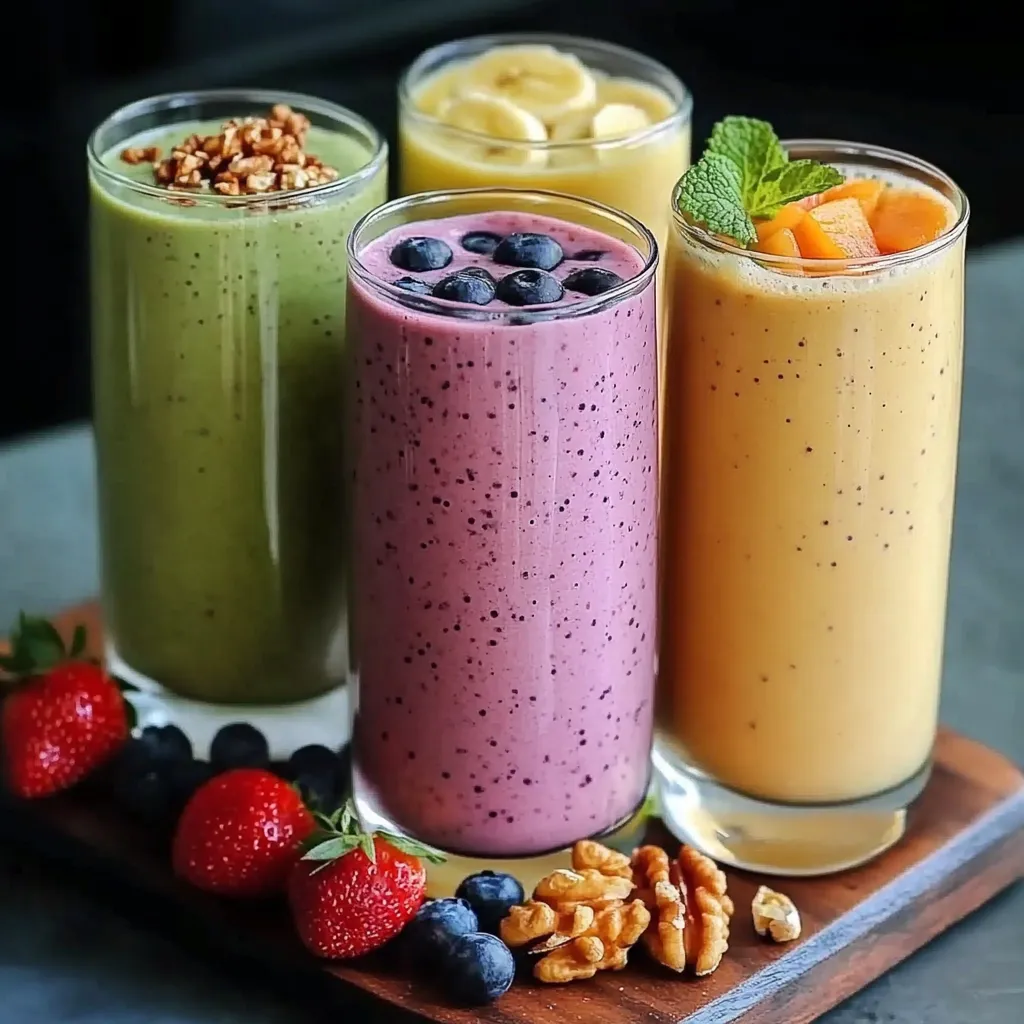 Verres de smoothies colorés, préparés avec des fruits frais et des noix, servis sur une table en bois.