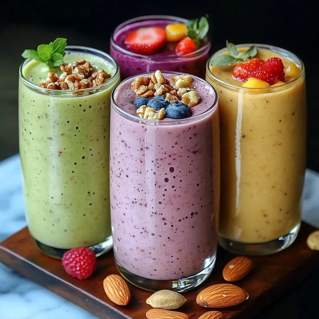 Verres de smoothies colorés, préparés avec des fruits frais et des noix, servis sur une table en bois.