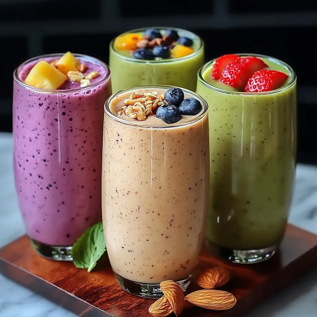 Verres de smoothies colorés, préparés avec des fruits frais et des noix, servis sur une table en bois.