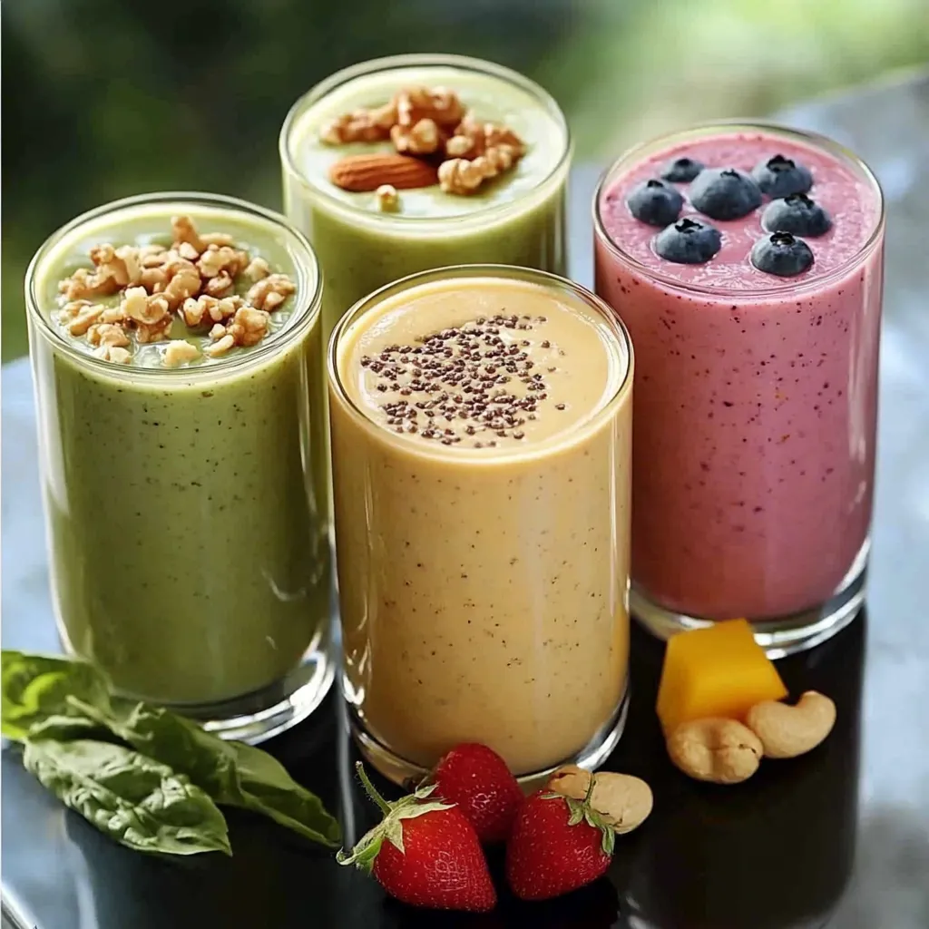 Verres de smoothies colorés, préparés avec des fruits frais et des noix, servis sur une table en bois.