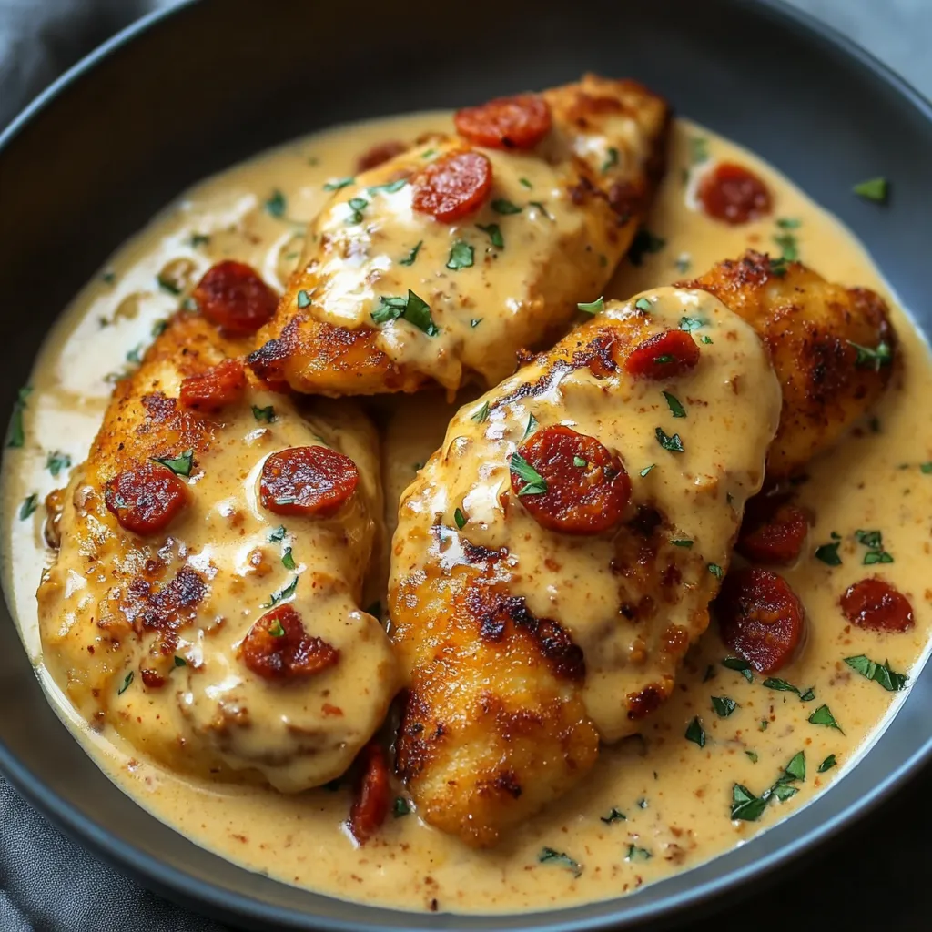 Aiguillettes de poulet à la sauce crémeuse au chorizo servies avec du riz dans une assiette blanche, garnies de persil frais.