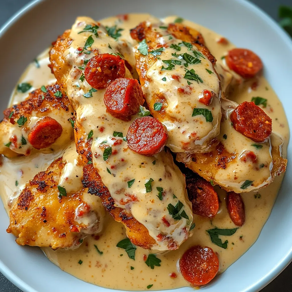 Aiguillettes de poulet à la sauce crémeuse au chorizo servies avec du riz dans une assiette blanche, garnies de persil frais.