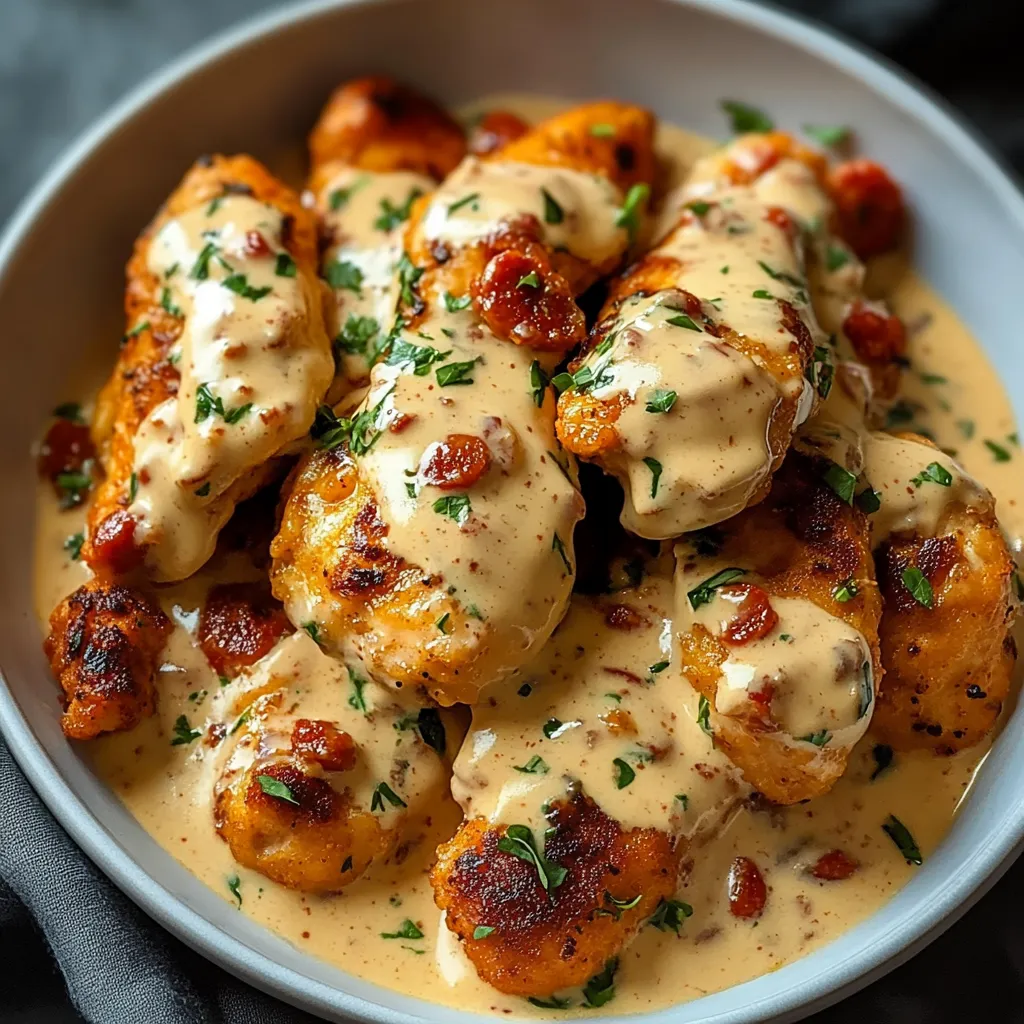 Aiguillettes de poulet à la sauce crémeuse au chorizo servies avec du riz dans une assiette blanche, garnies de persil frais.