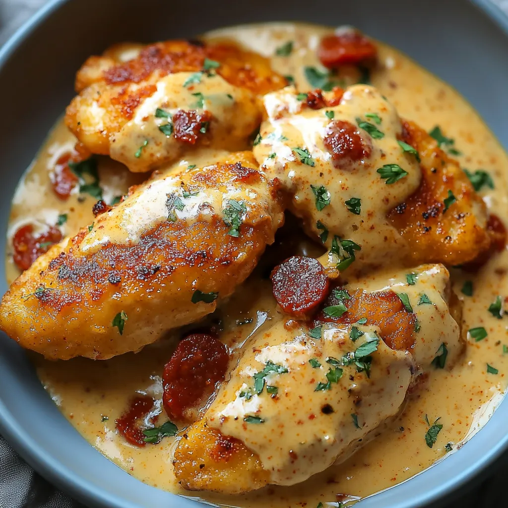 Aiguillettes de poulet à la sauce crémeuse au chorizo servies avec du riz dans une assiette blanche, garnies de persil frais.