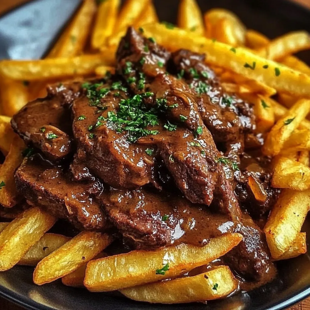 Carbonade flamande servie dans une assiette avec frites maison dorées