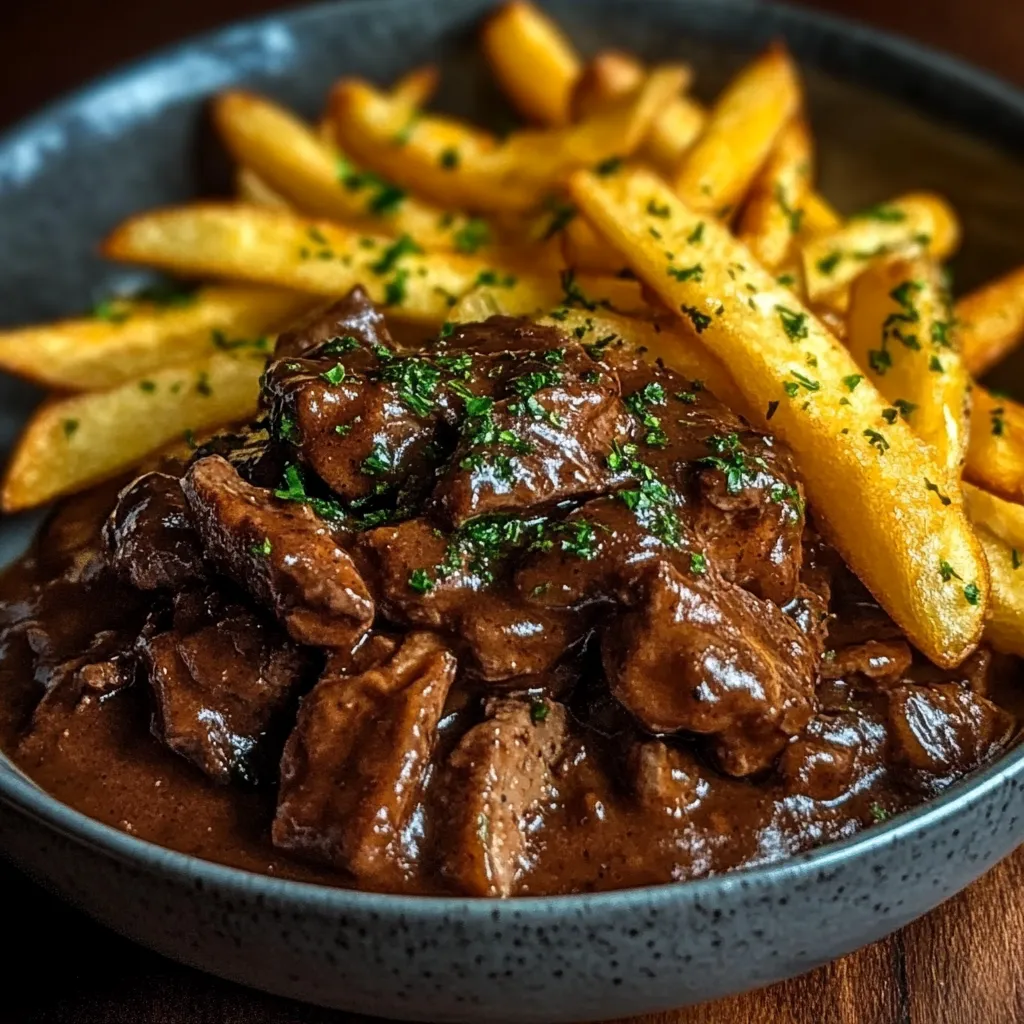 Carbonade flamande servie dans une assiette avec frites maison dorées