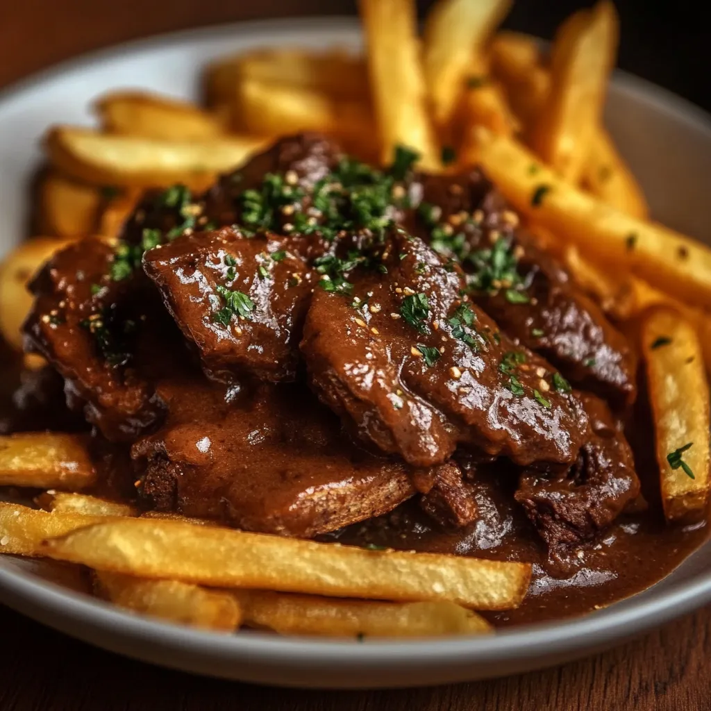 Carbonade flamande servie dans une assiette avec frites maison dorées