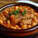 Un cassoulet facile et rapide servi dans une cocotte, garni de saucisses et d’herbes fraîches, idéal pour un repas convivial.