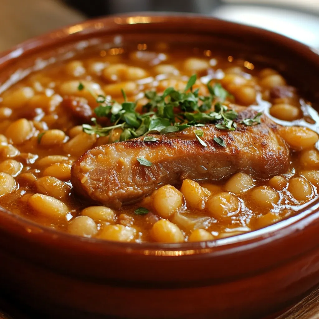 Un cassoulet facile et rapide servi dans une cocotte, garni de saucisses et d’herbes fraîches, idéal pour un repas convivial.