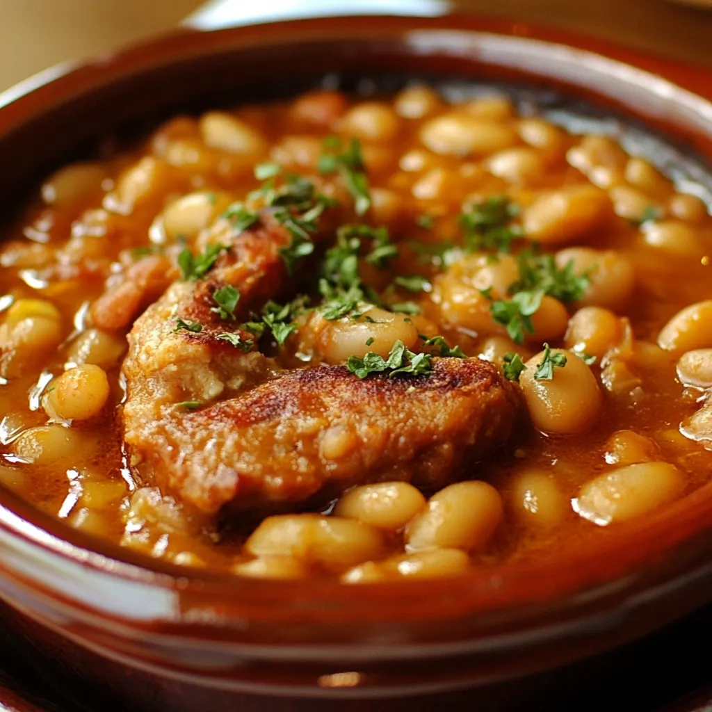 Un cassoulet facile et rapide servi dans une cocotte, garni de saucisses et d’herbes fraîches, idéal pour un repas convivial.