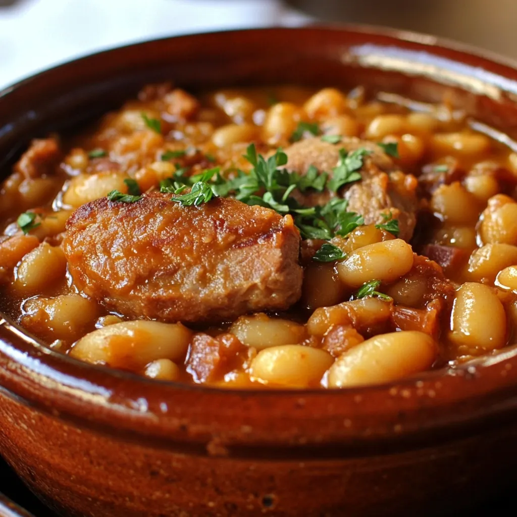 Un cassoulet facile et rapide servi dans une cocotte, garni de saucisses et d’herbes fraîches, idéal pour un repas convivial.