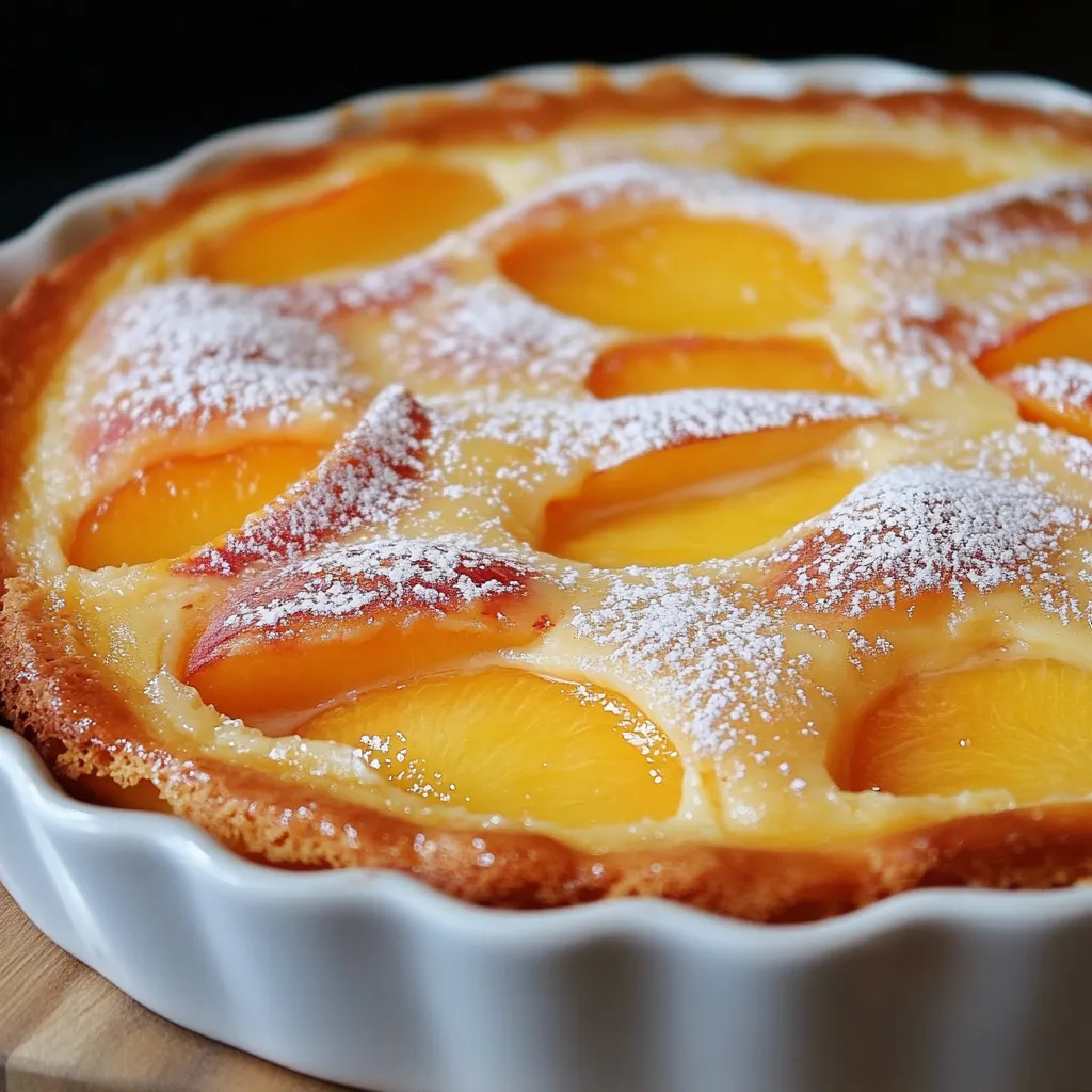 Clafoutis aux pêches doré et moelleux, servi dans un plat en céramique avec des morceaux de fruits visibles sur le dessus.