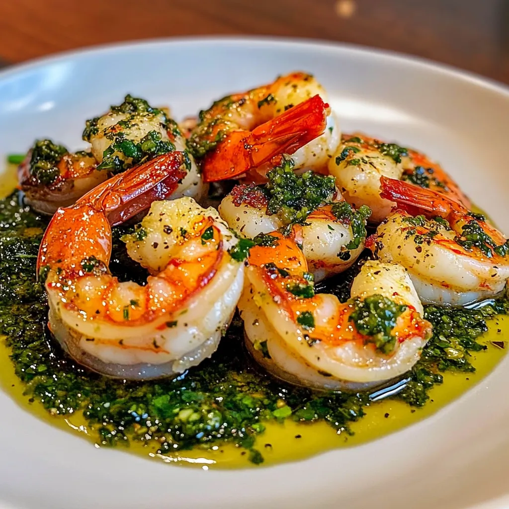 Crevettes au chimichurri servies dans une assiette avec une sauce verte parfumée, accompagnées de citron et de pain grillé.