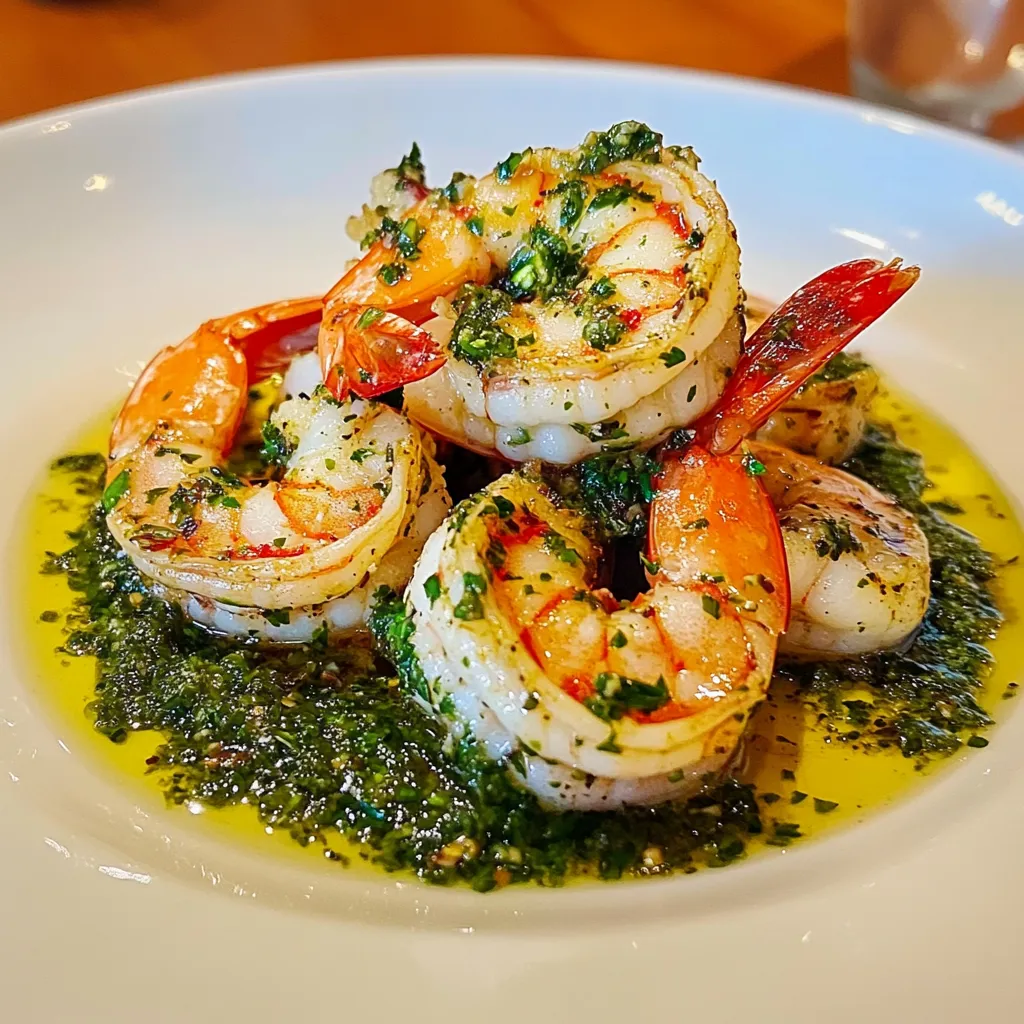Crevettes au chimichurri servies dans une assiette avec une sauce verte parfumée, accompagnées de citron et de pain grillé.