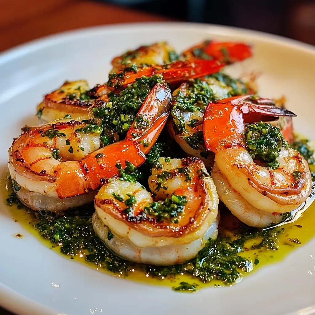 Crevettes au chimichurri servies dans une assiette avec une sauce verte parfumée, accompagnées de citron et de pain grillé.