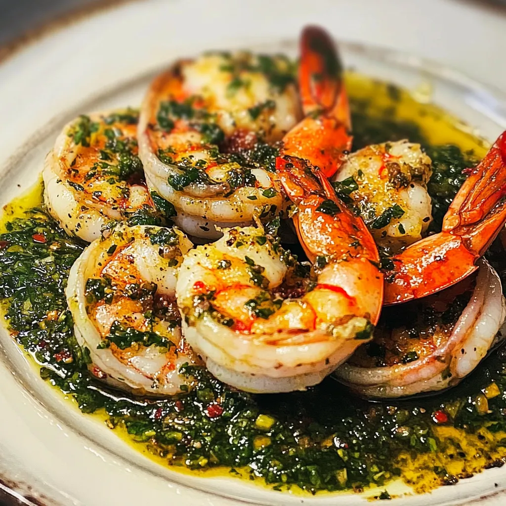 Crevettes au chimichurri servies dans une assiette avec une sauce verte parfumée, accompagnées de citron et de pain grillé.