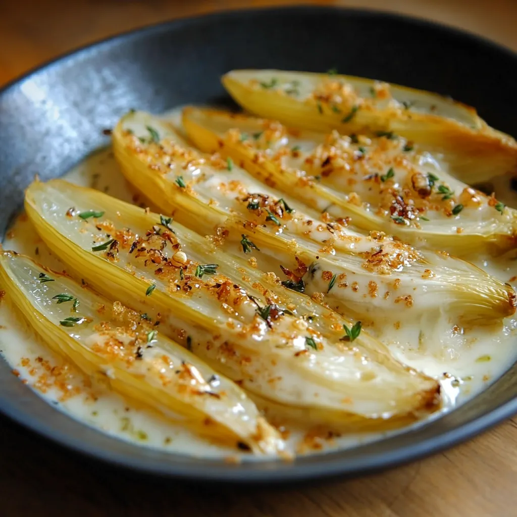 Endives sautées à la crème, servies chaudes dans une assiette, avec une sauce onctueuse et une légère touche dorée sur le dessus.