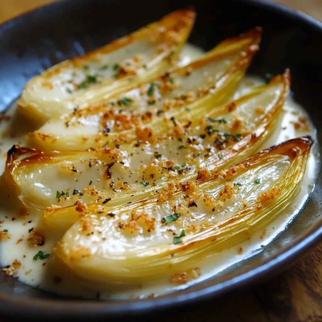 Endives sautées à la crème, servies chaudes dans une assiette, avec une sauce onctueuse et une légère touche dorée sur le dessus.