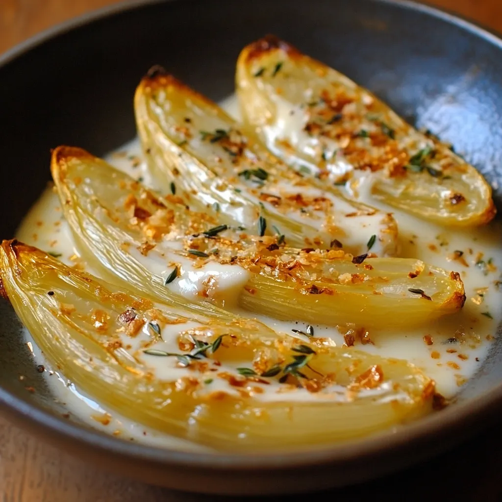 Endives sautées à la crème, servies chaudes dans une assiette, avec une sauce onctueuse et une légère touche dorée sur le dessus.
