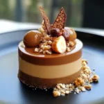 Un entremets caramel et mousse noisette joliment présenté sur une assiette, avec une coupe nette dévoilant ses couches gourmandes.