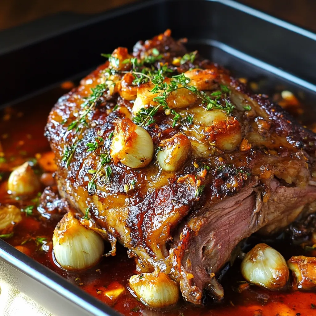 Épaule d’agneau confite au four, dorée et juteuse, accompagnée de légumes rôtis.