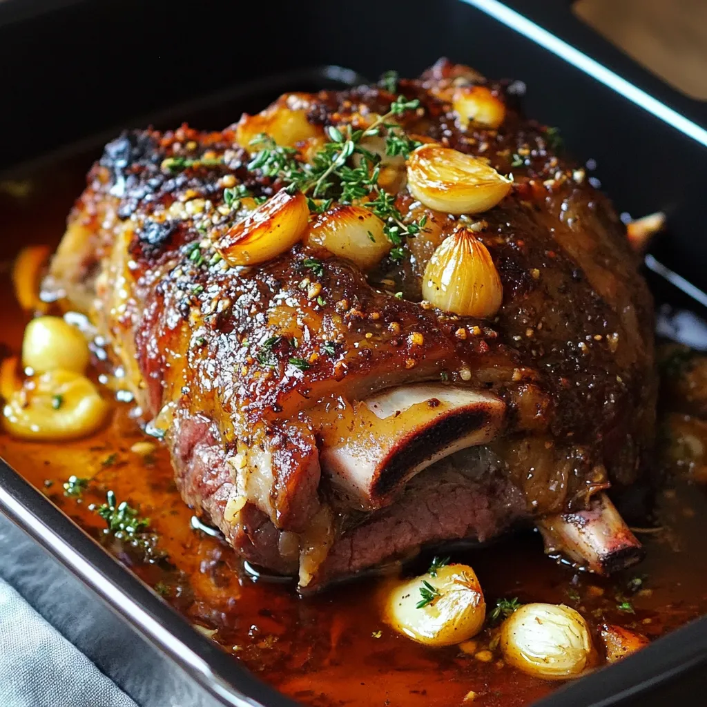 Épaule d’agneau confite au four, dorée et juteuse, accompagnée de légumes rôtis.
