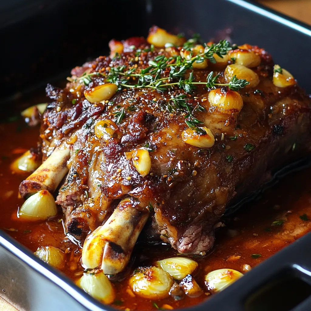 Épaule d’agneau confite au four, dorée et juteuse, accompagnée de légumes rôtis.