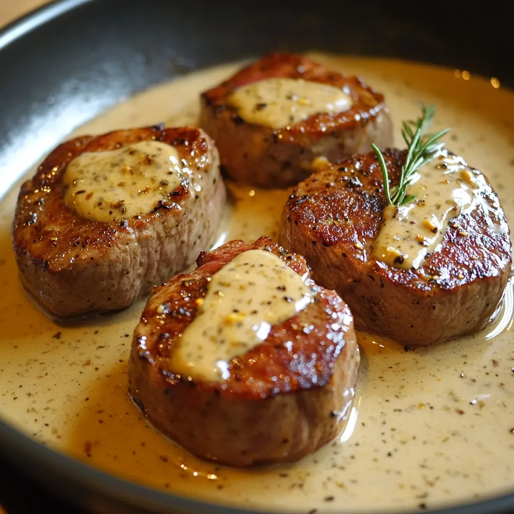Filet mignon à la moutarde servi avec une sauce crémeuse, accompagné de pommes de terre rôties et d’herbes fraîches.