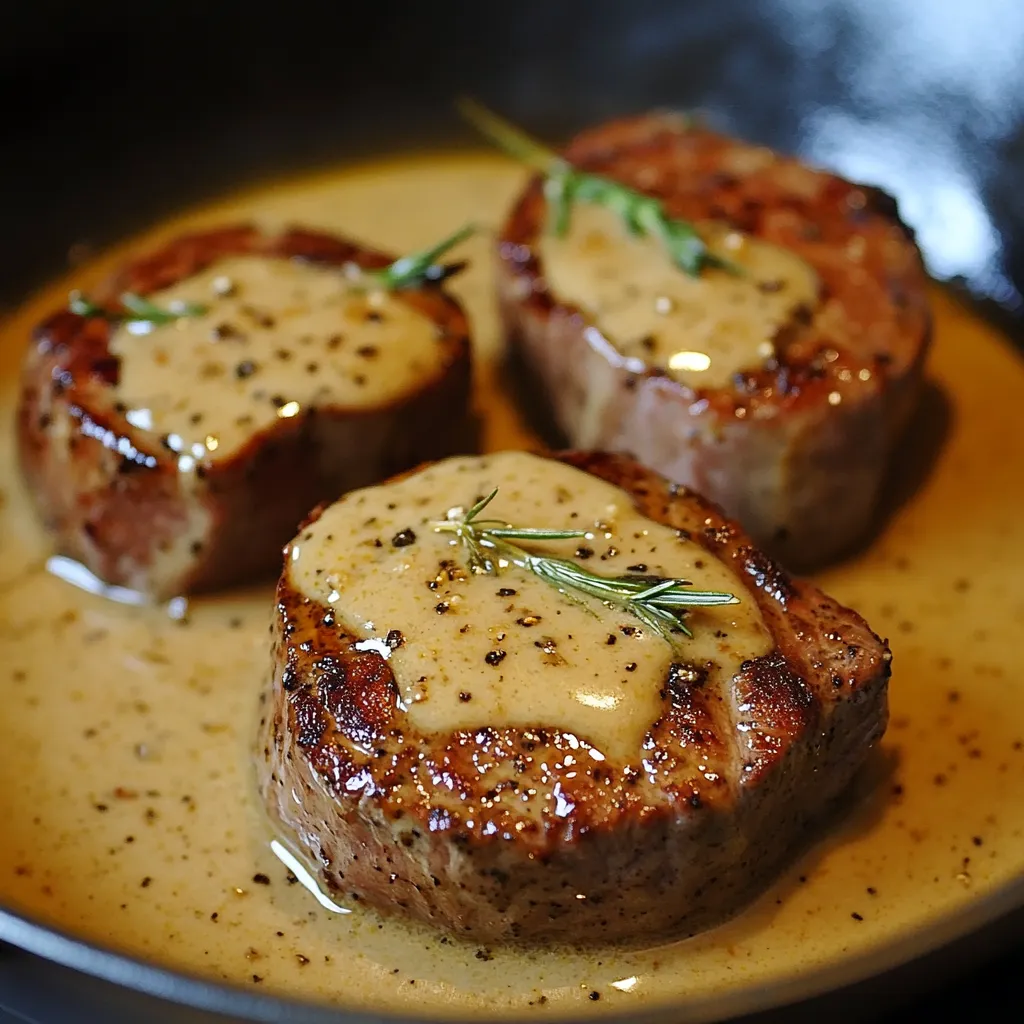 Filet mignon à la moutarde servi avec une sauce crémeuse, accompagné de pommes de terre rôties et d’herbes fraîches.