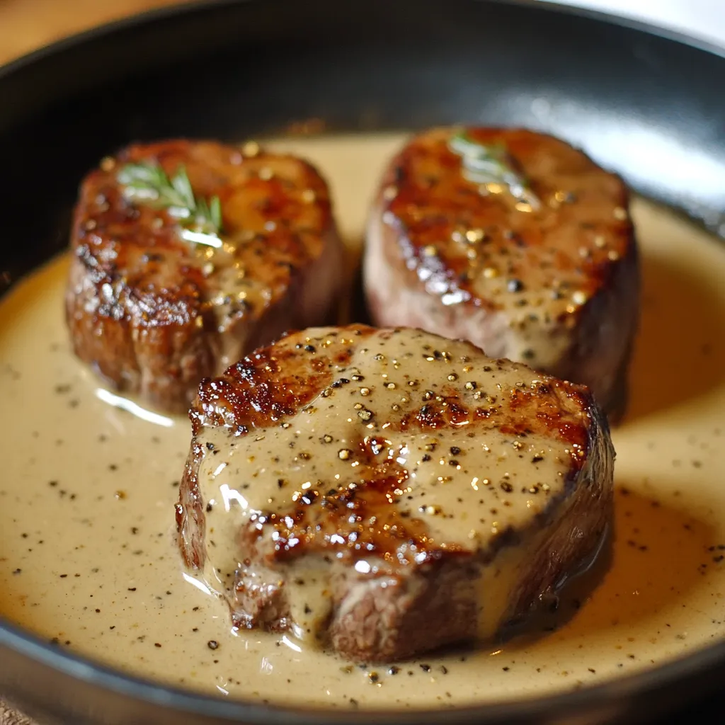 Filet mignon à la moutarde servi avec une sauce crémeuse, accompagné de pommes de terre rôties et d’herbes fraîches.