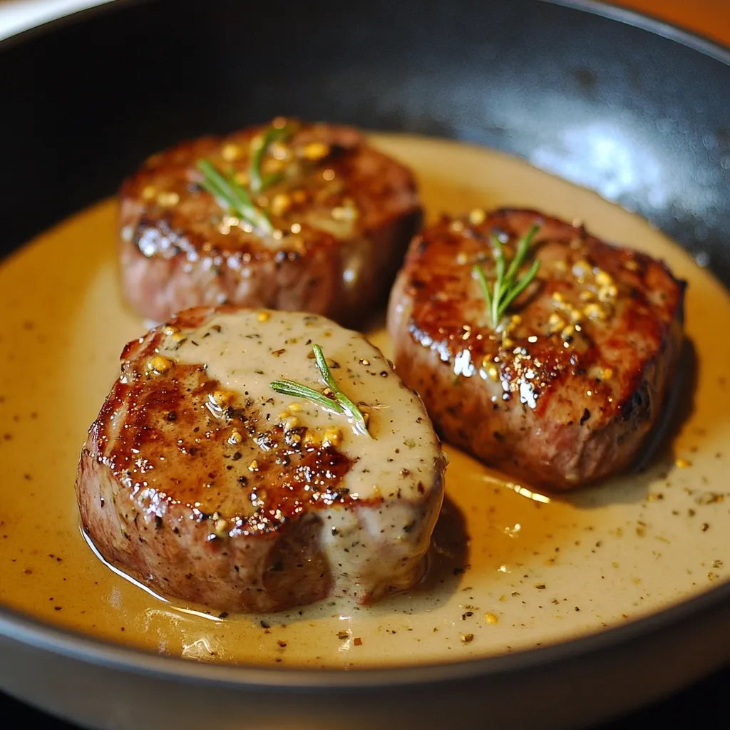 Filet mignon à la moutarde servi avec une sauce crémeuse, accompagné de pommes de terre rôties et d’herbes fraîches.
