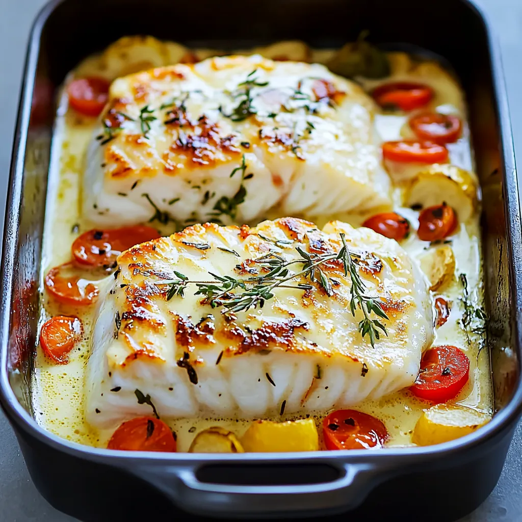 Filets de cabillaud au four nappés d’une sauce crémeuse et accompagnés de légumes colorés, servis dans un plat en céramique.