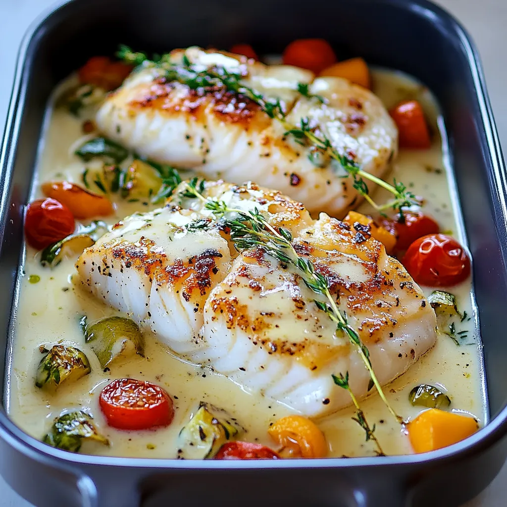 Filets de cabillaud au four nappés d’une sauce crémeuse et accompagnés de légumes colorés, servis dans un plat en céramique.