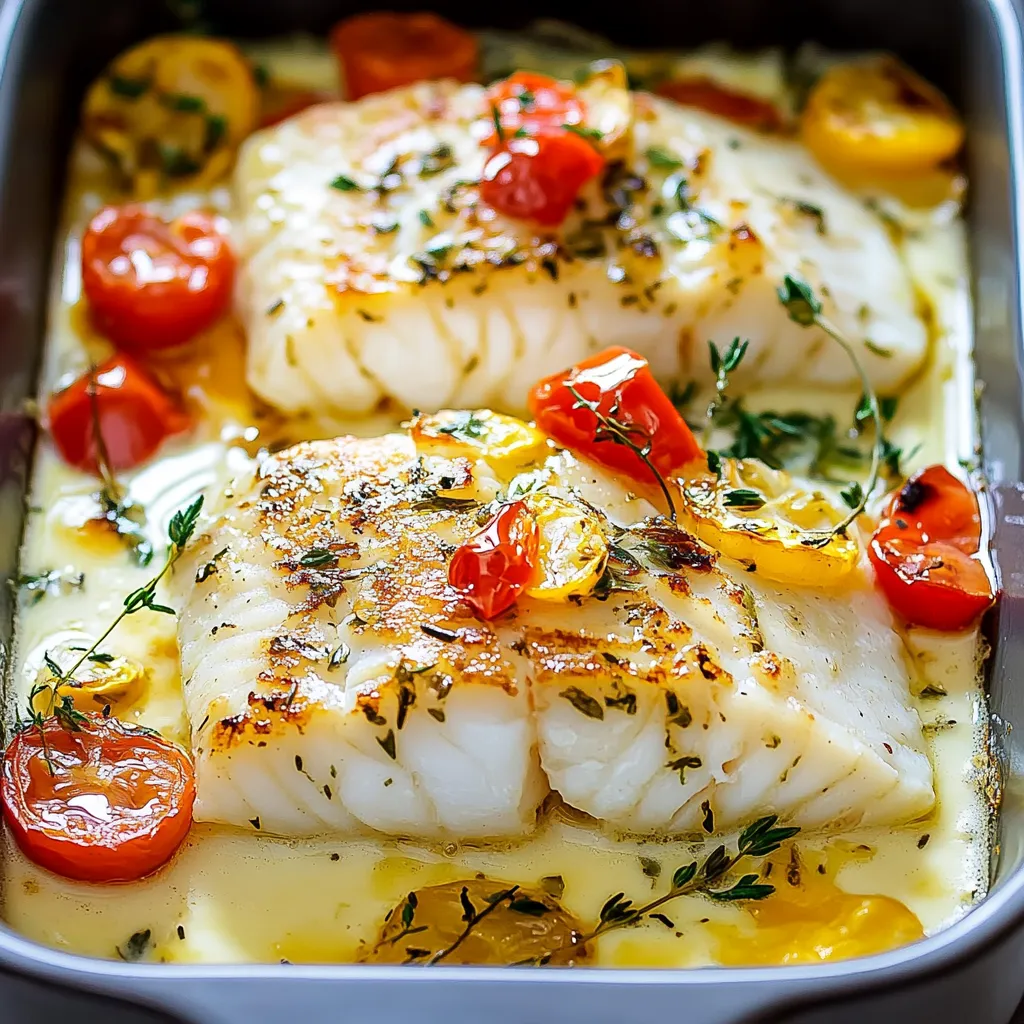 Filets de cabillaud au four nappés d’une sauce crémeuse et accompagnés de légumes colorés, servis dans un plat en céramique.