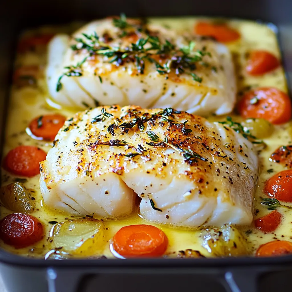 Filets de cabillaud au four nappés d’une sauce crémeuse et accompagnés de légumes colorés, servis dans un plat en céramique.
