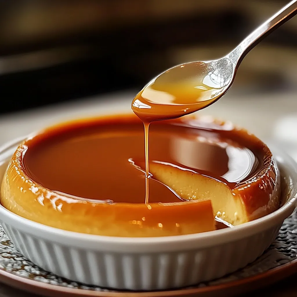 Flan au caramel maison avec un caramel doré coulant, servi sur une assiette blanche.