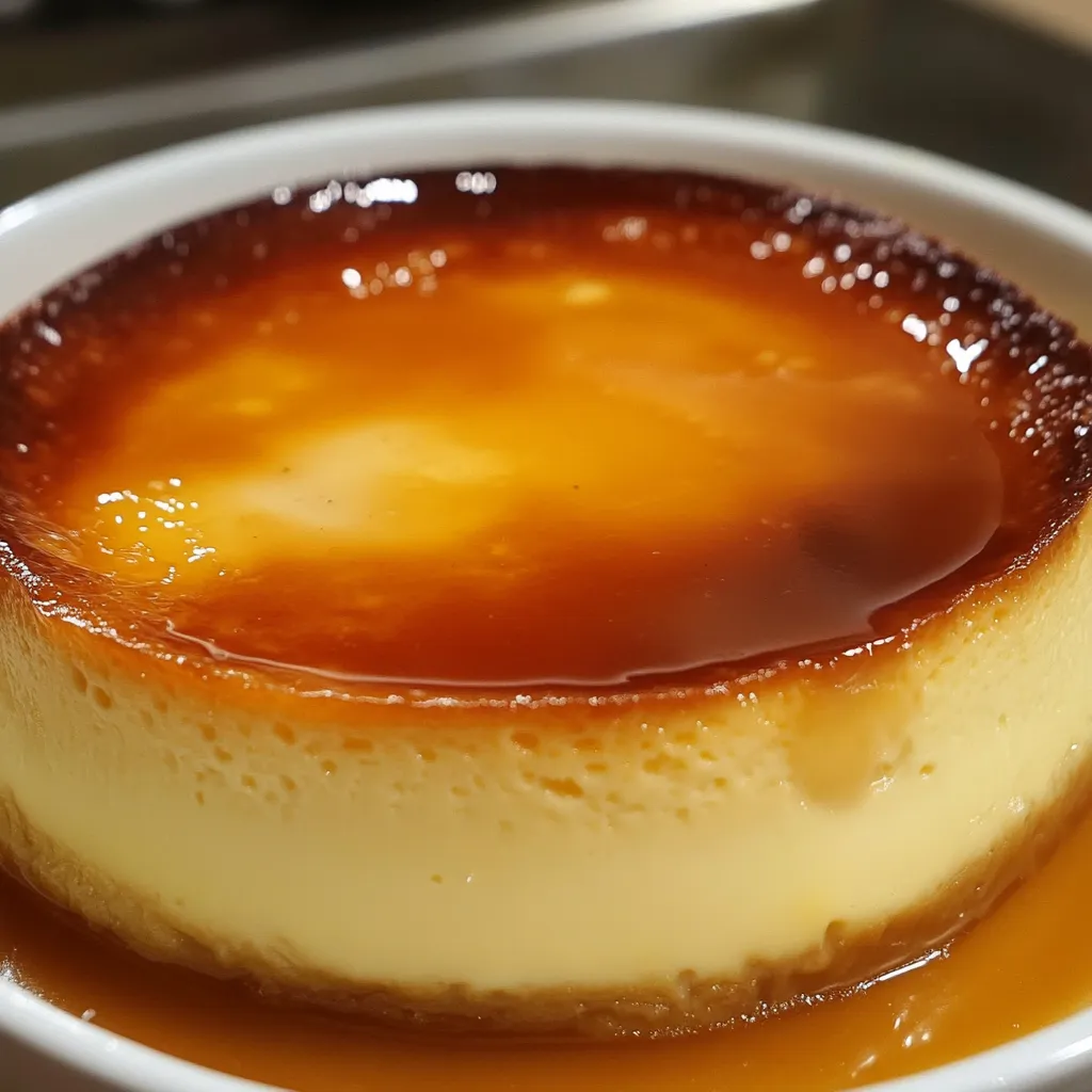 Flan au caramel maison avec un caramel doré coulant, servi sur une assiette blanche.