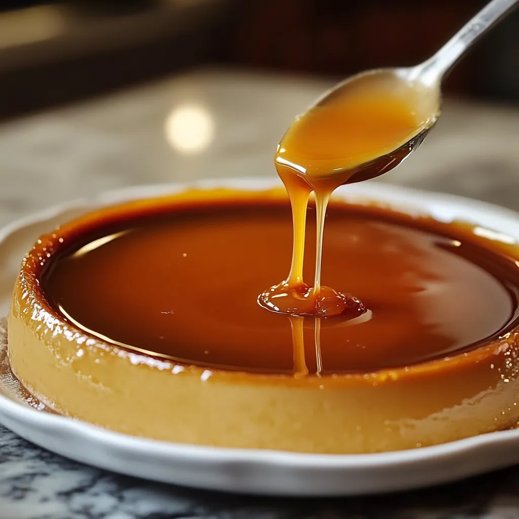 Flan au caramel maison avec un caramel doré coulant, servi sur une assiette blanche.