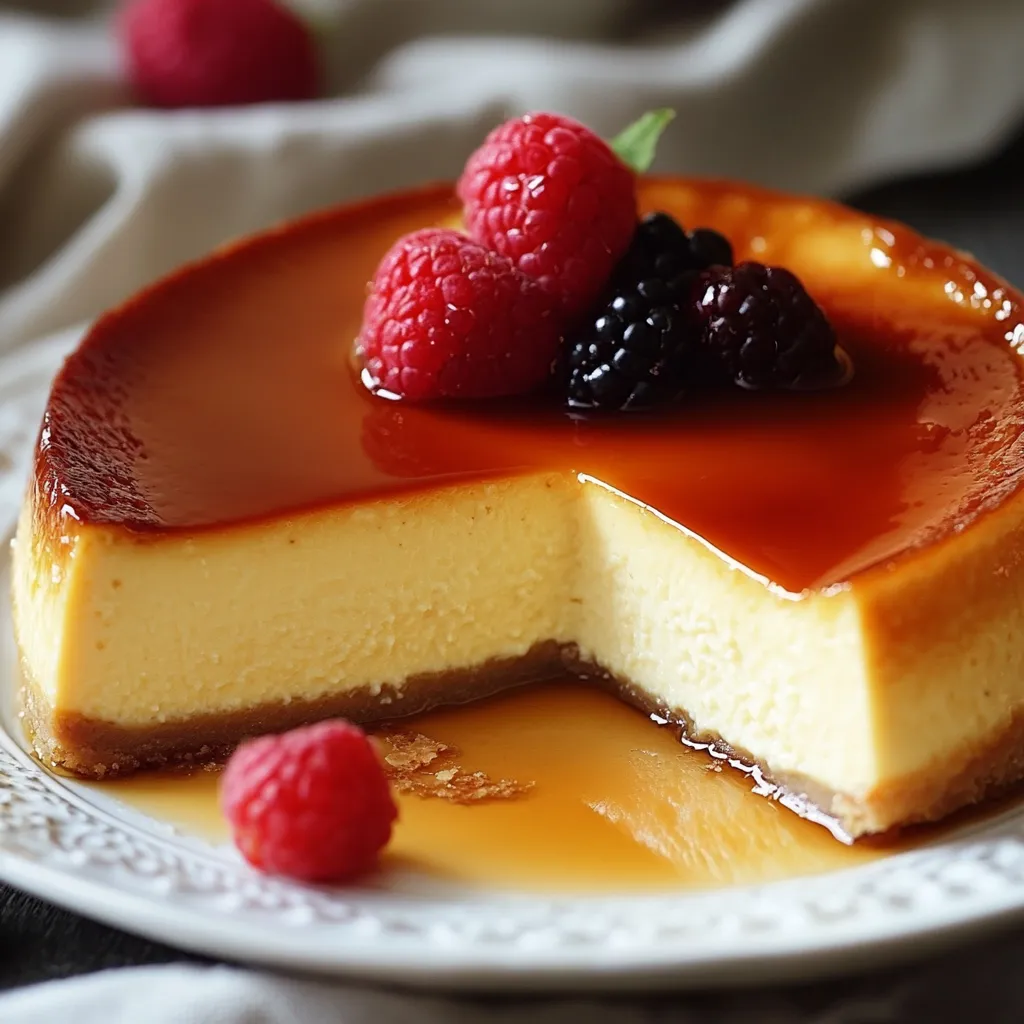 Flan au mascarpone doré et crémeux dans un moule en céramique.