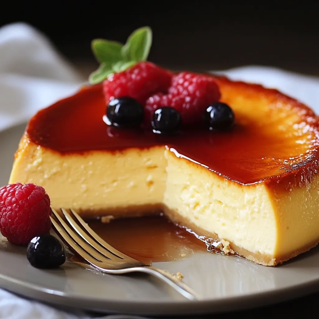 Flan au mascarpone doré et crémeux dans un moule en céramique.