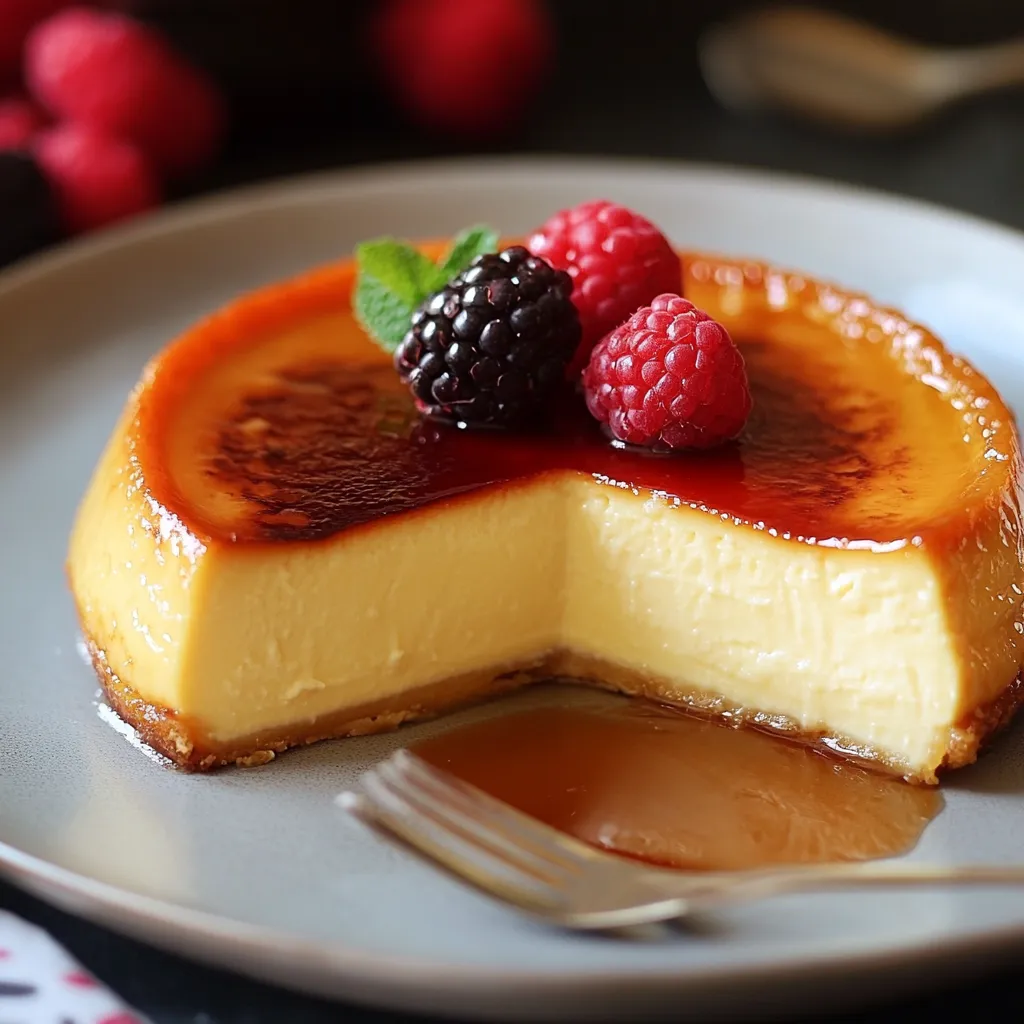 Flan au mascarpone doré et crémeux dans un moule en céramique.