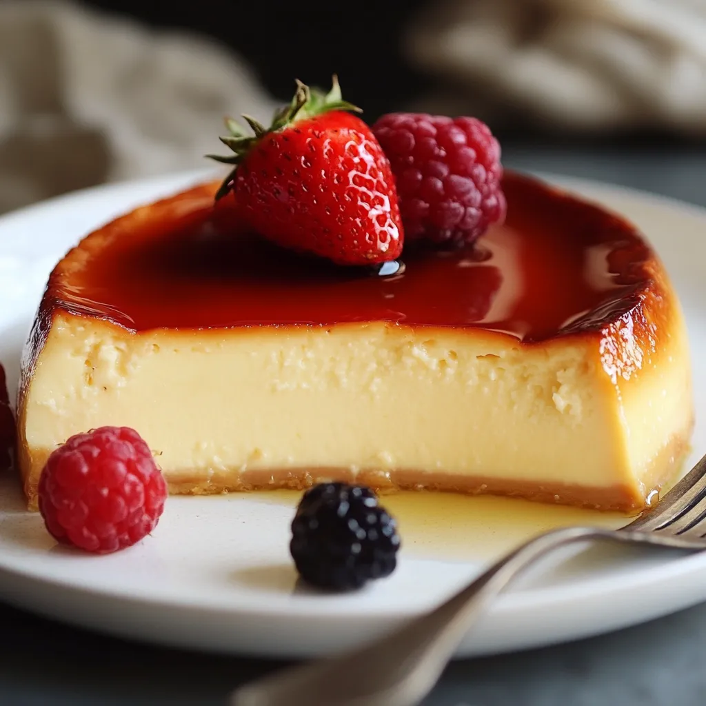 Flan au mascarpone doré et crémeux dans un moule en céramique.