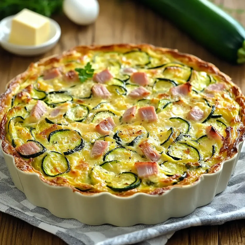 Flan de courgettes au jambon de poulet doré et moelleux, servi en part individuelle avec une salade.