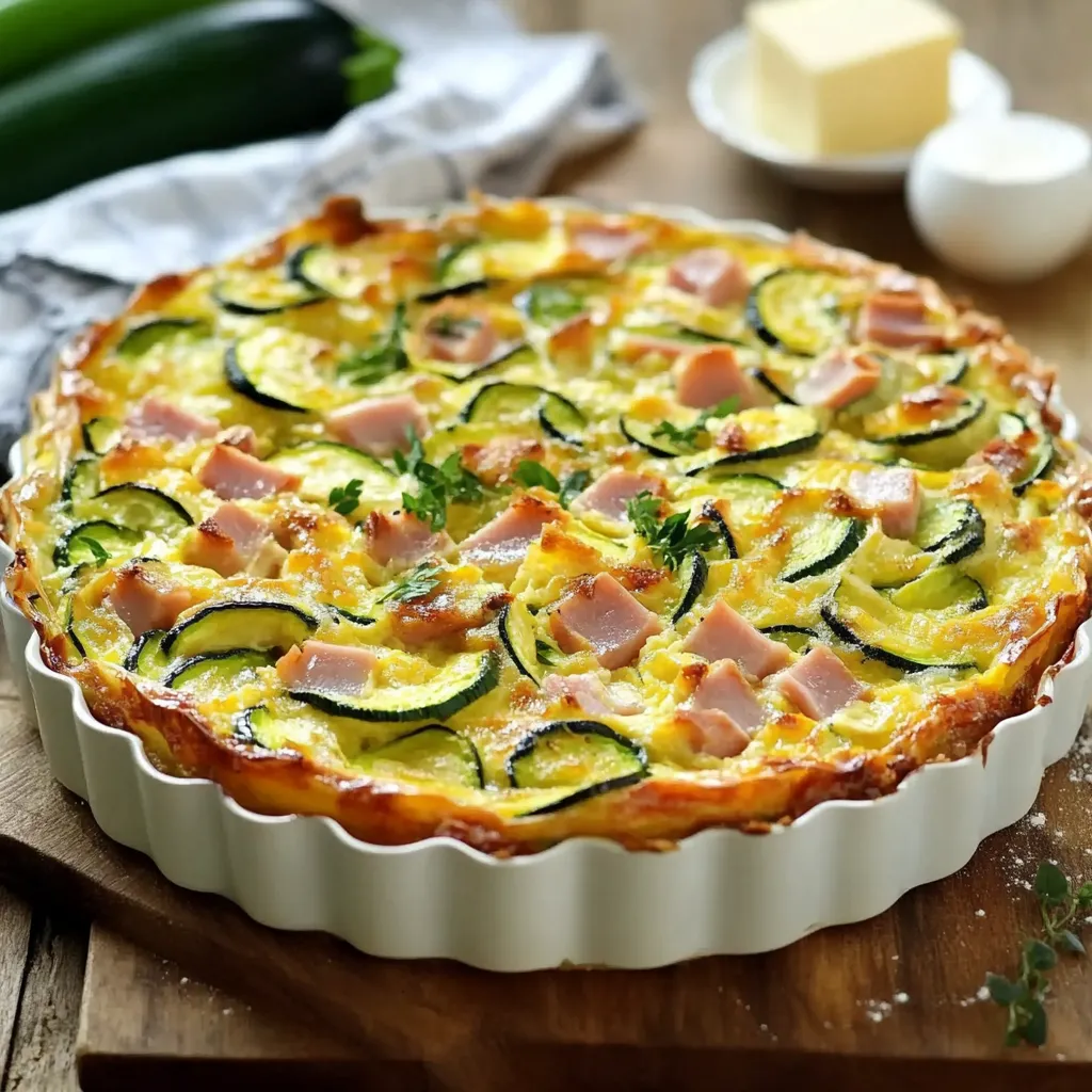 Flan de courgettes au jambon de poulet doré et moelleux, servi en part individuelle avec une salade.