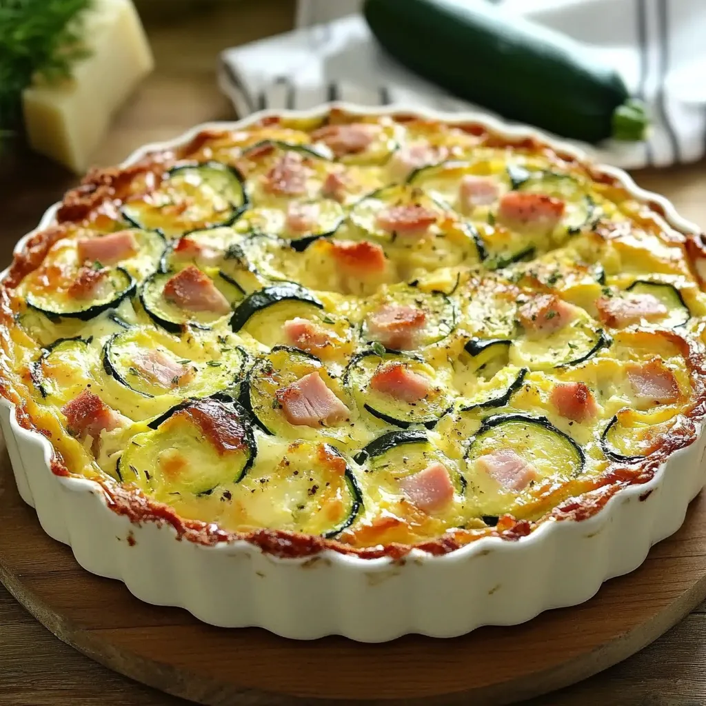 Flan de courgettes au jambon de poulet doré et moelleux, servi en part individuelle avec une salade.