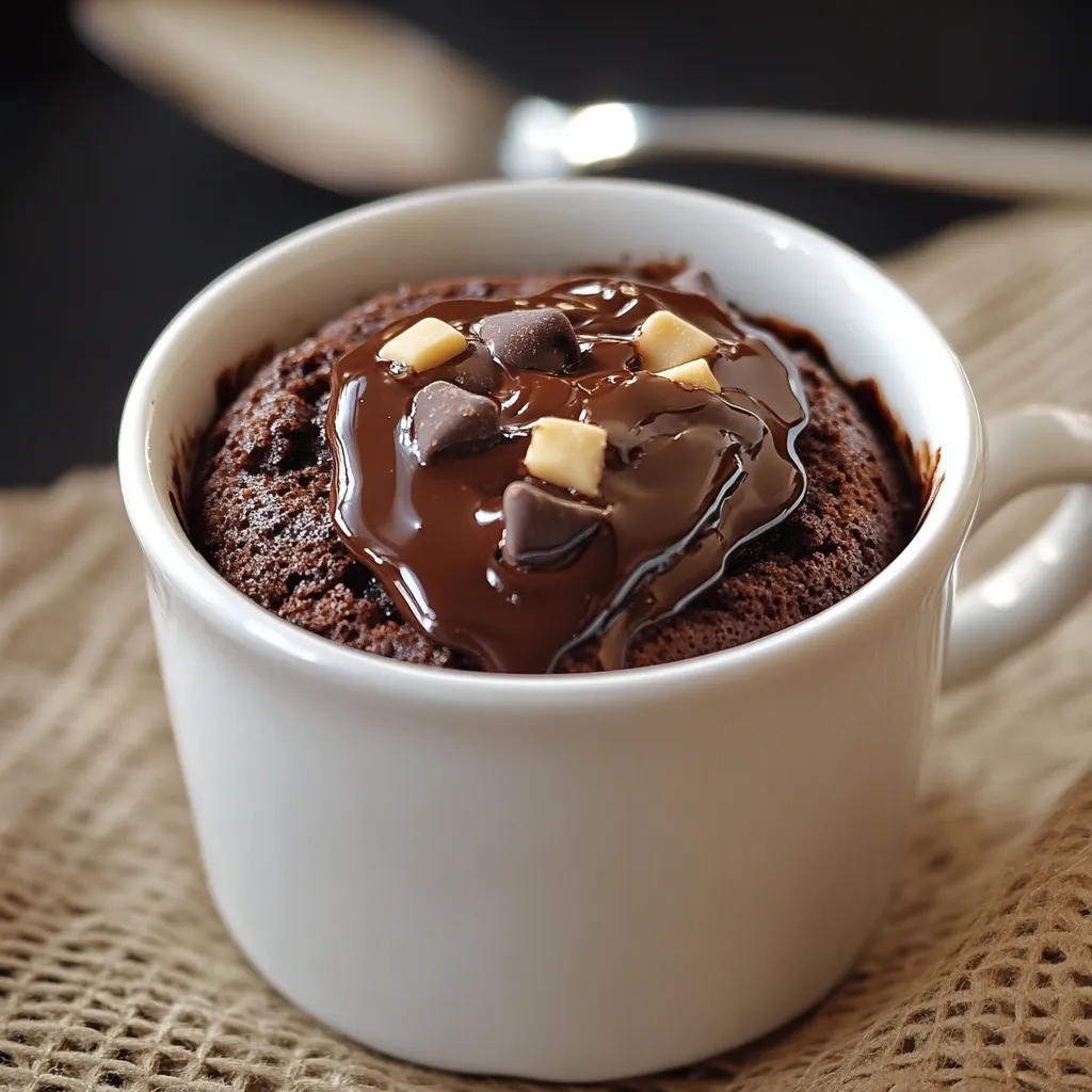 Mug cake au chocolat moelleux servi dans une tasse blanche, garni de pépites de chocolat fondu.